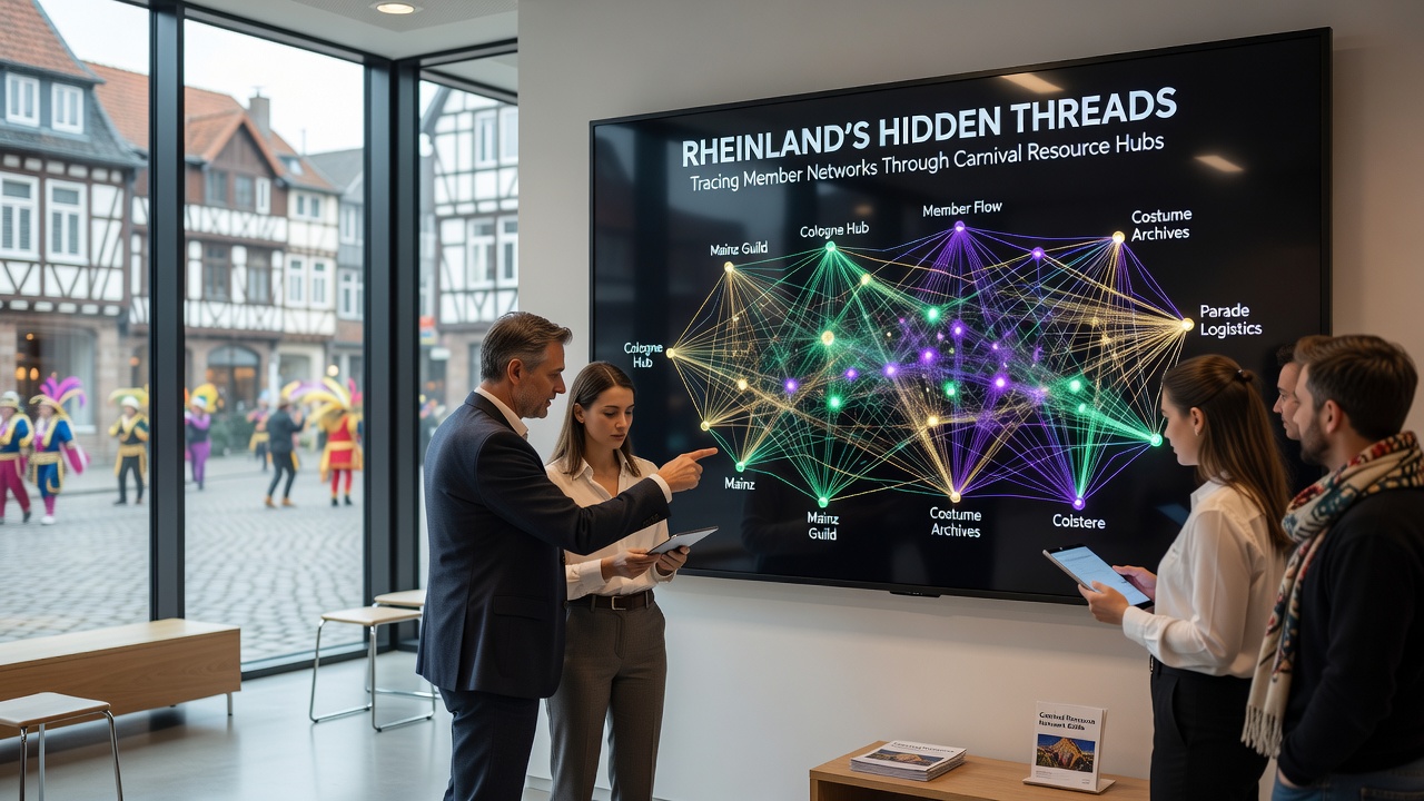 Karte mit vernetzten Karnevalsvereinen im Rheinland und Verbindungen über Ressourcenzentren