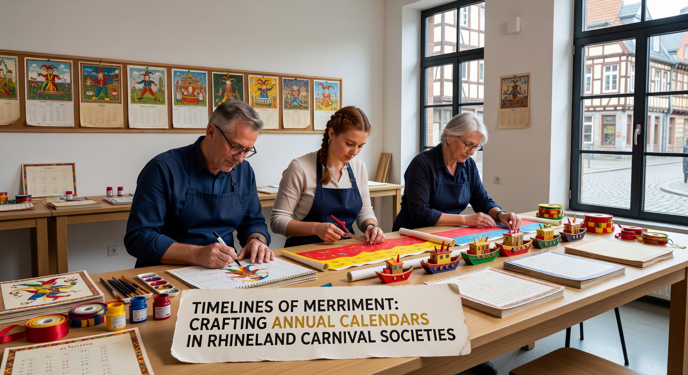 Traditionelle Karnevalsvereinsmitglieder bei der Planung eines Kalenders mit bunten Kostümen und Symbolen im Hintergrund