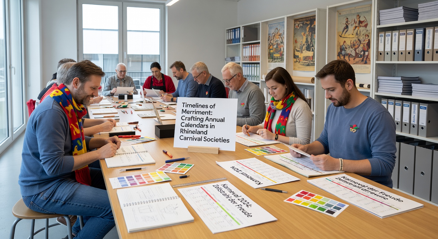 Detaillierter Jahreskalender einer Karnevalsgruppe mit Terminen, Illustrationen von Figuren und Festprogrammen