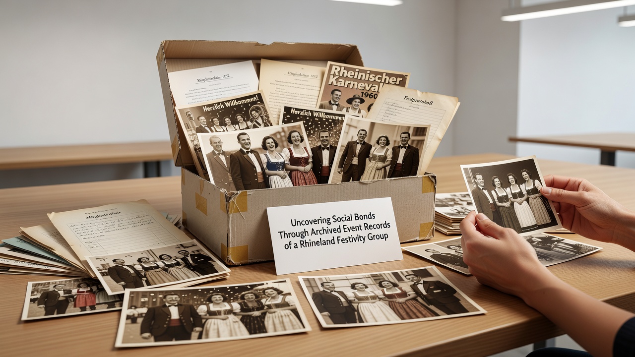 Archivierte Dokumente und Fotos aus rheinischen Karnevalsvereinen zeigen historische Veranstaltungen und Teilnehmerlisten