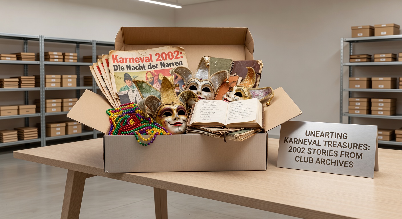 Alte Schwarz-Weiß-Fotos aus dem Karnevalsarchiv zeigen feiernde Gruppen in Kostümen aus dem Jahr 2002, mit Fahnen und bunten Accessoires