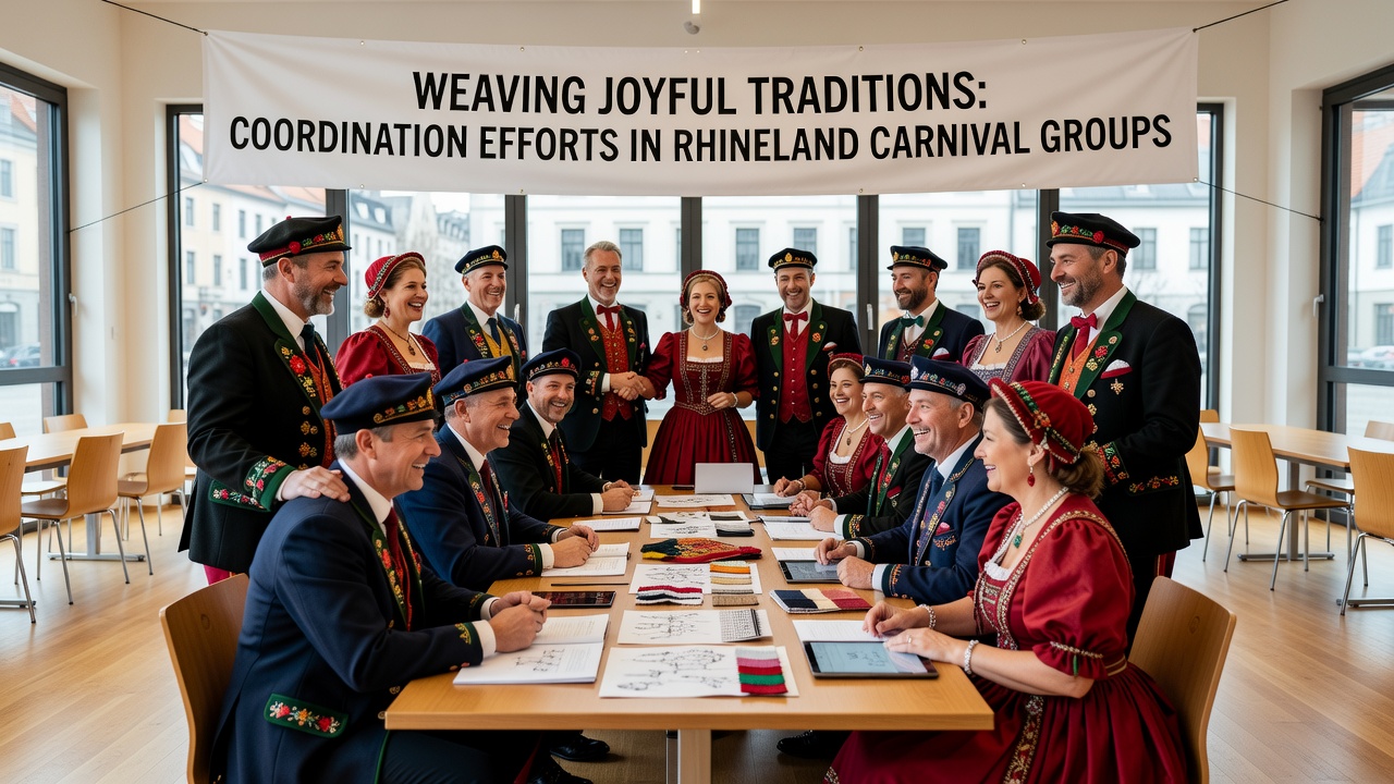 Mitglieder rheinischer Karnevalsvereine bei der Koordination von Zeitplänen und der Vorbereitung gemeinsamer Aktivitäten in einer traditionellen Versammlung
